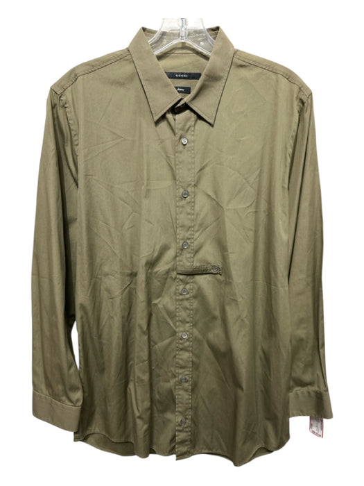 Gucci Size 16 Olive Green Cotton Solid Button Down Men's Long Sleeve Shirt Olive Green / 16