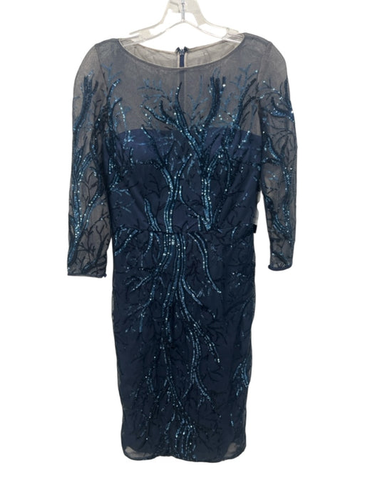 David Meister Size 4 Navy Blue Polyester Mesh Overlay Sequined 3/4 Sleeve Dress Navy Blue / 4