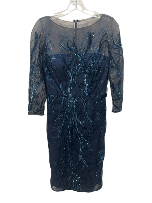 David Meister Size 4 Navy Blue Polyester Mesh Overlay Sequined 3/4 Sleeve Dress Navy Blue / 4