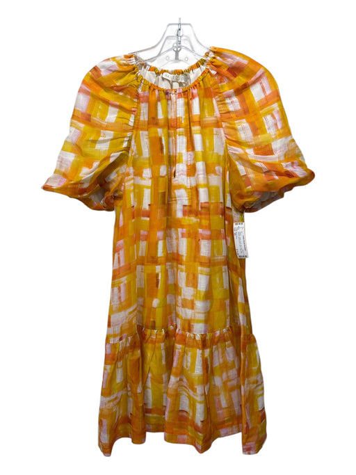Marie Oliver Size XS Orange, Yellow, White Silk Short Puff Sleeve Mini Dress Orange, Yellow, White / XS