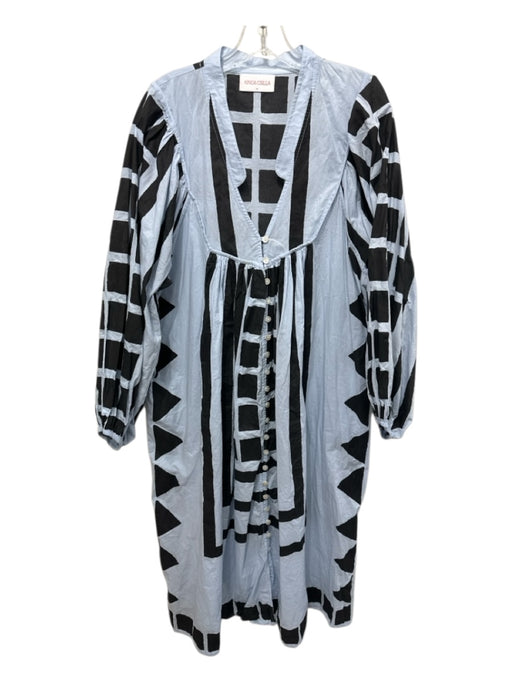 Kinga Csilla Size XL Blue & Gray Cotton Long puff sleeve Square Print Midi Dress Blue & Gray / XL