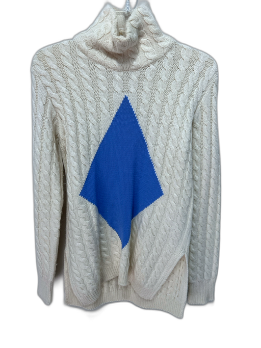 Tory Burch Size S Cream & Blue Wool Blend Cable Knit Turtleneck Sweater Cream & Blue / S
