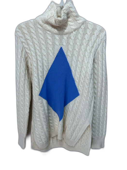 Tory Burch Size S Cream & Blue Wool Blend Cable Knit Turtleneck Sweater Cream & Blue / S