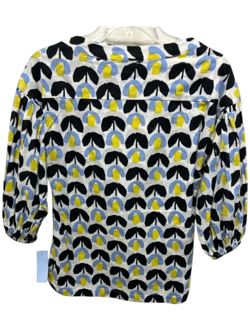 Buru Size S White, Black, Blue & Yellow Cotton Textured Floral Button Accent Top White, Black, Blue & Yellow / S