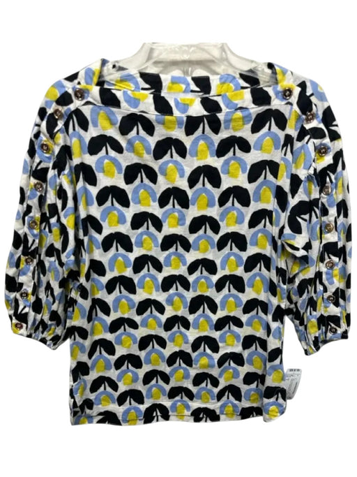 Buru Size S White, Black, Blue & Yellow Cotton Textured Floral Button Accent Top White, Black, Blue & Yellow / S