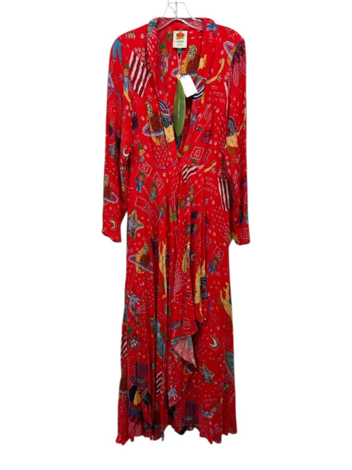 Farm Rio Size M Red & Multi Viscose Long Sleeve Abstract Print Faux Wrap Dress Red & Multi / M