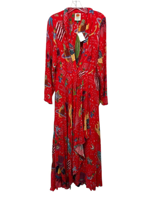 Farm Rio Size M Red & Multi Viscose Long Sleeve Abstract Print Faux Wrap Dress Red & Multi / M