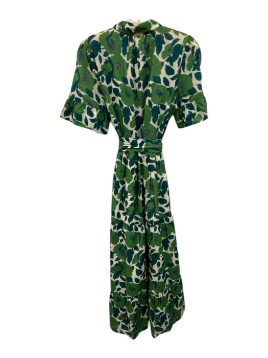 Trovata Birds of Paradis Size L Cream Beige & Green Cotton Floral Collared Dress Cream Beige & Green / L