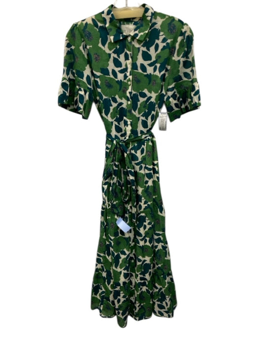 Trovata Birds of Paradis Size L Cream Beige & Green Cotton Floral Collared Dress Cream Beige & Green / L