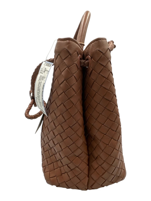 Quince Brown Leather Woven Magnetic Close Top Handle Braided Strap Bag Brown