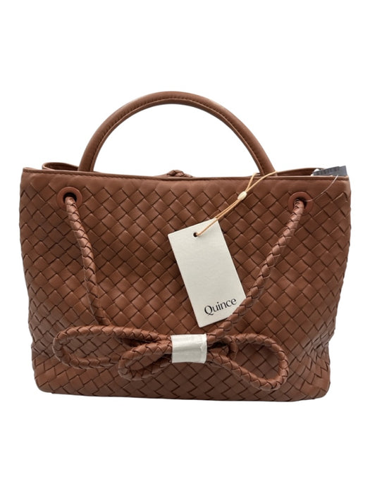 Quince Brown Leather Woven Magnetic Close Top Handle Braided Strap Bag Brown