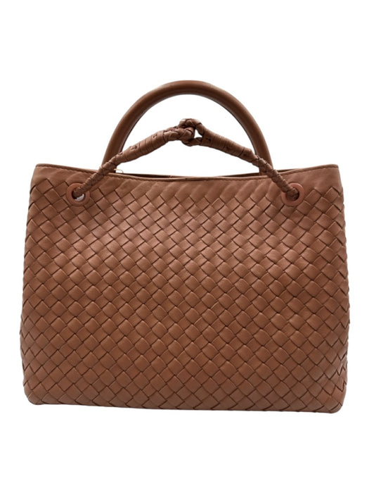 Quince Brown Leather Woven Magnetic Close Top Handle Braided Strap Bag Brown
