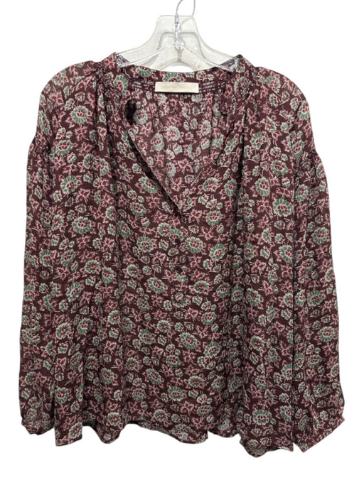 Vanessa Bruno Size 40 Maroon & Green Print Missing tag Striped Floral V Neck Top Maroon & Green Print / 40