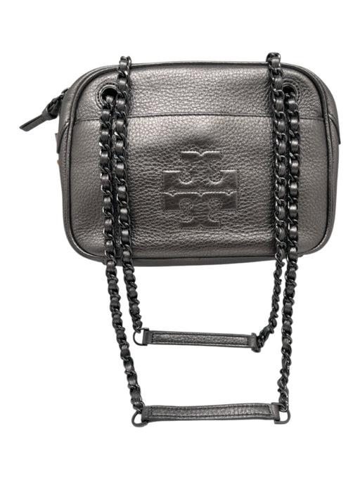 Tory Burch Silver Leather Embroidered Logo Zipper Closure Convertible Bag Silver