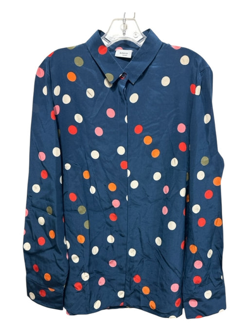 Akris Punto Size 14 Navy & Multi Mulberry Silk Polka Dot Collared Button up Top Navy & Multi / 14