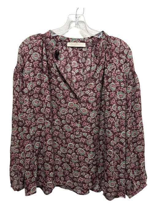 Vanessa Bruno Size 40 Maroon & Green Print Missing tag Striped Floral V Neck Top Maroon & Green Print / 40