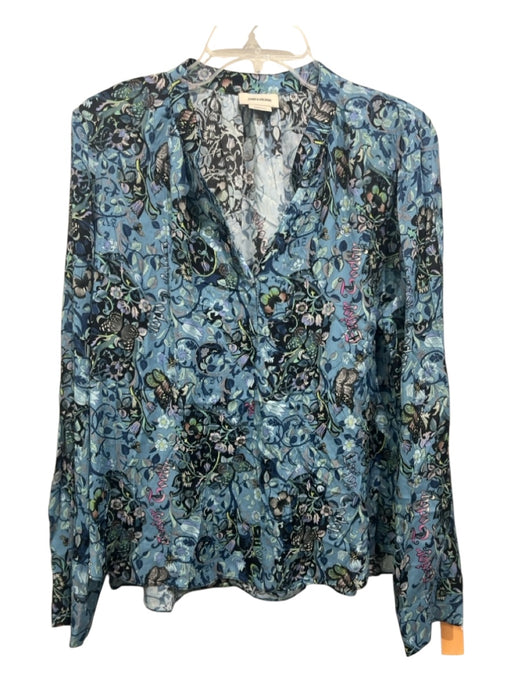 Zadig & Voltaire Size L Blue & Multi Viscose Crepe Floral Long Sleeve V Neck Top Blue & Multi / L