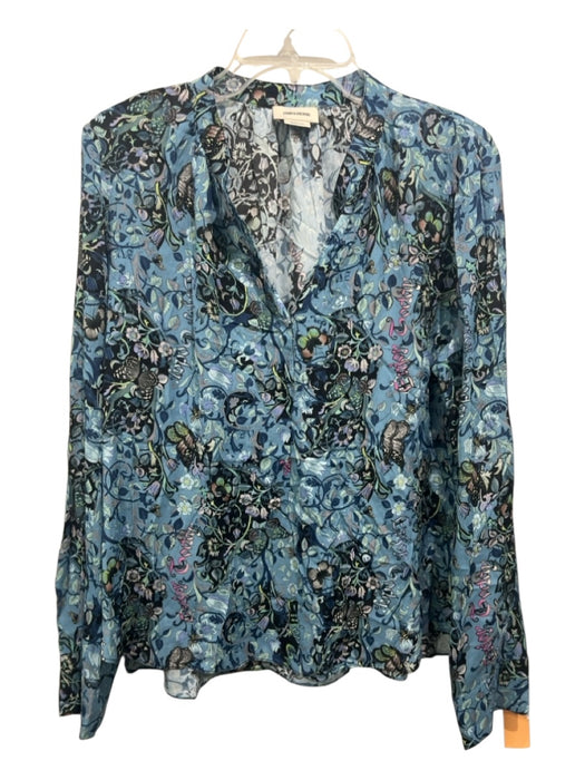 Zadig & Voltaire Size L Blue & Multi Viscose Crepe Floral Long Sleeve V Neck Top Blue & Multi / L