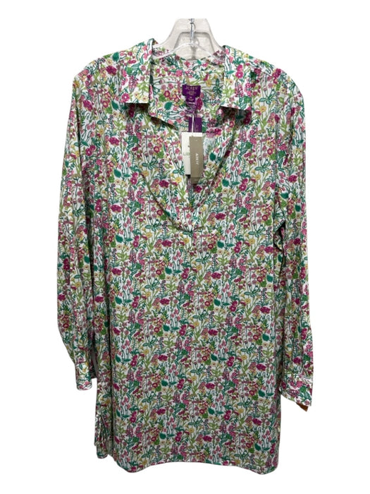 J. Crew Size M Green & Pink Cotton Floral Mini Shirt Dress V Neck Dress Green & Pink / M
