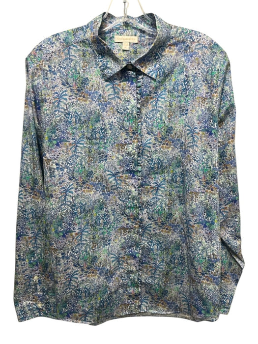 Ann Mashburn Size XL Blue, Green, Orange Cotton Ruffle Leaves Long Sleeve Top Blue, Green, Orange / XL