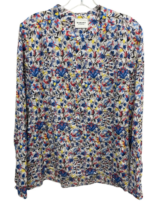 Marant Etoile Size 42 / M Blue, Red, Beige Cotton Gathered Back Half Button Top Blue, Red, Beige / 42 / M