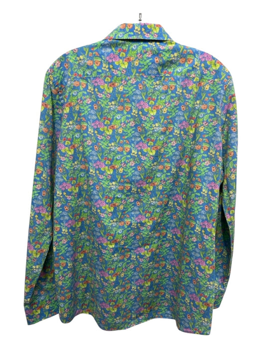 Ann Mashburn Size L Blue & Multi Cotton Long Sleeve Floral Collared Top Blue & Multi / L