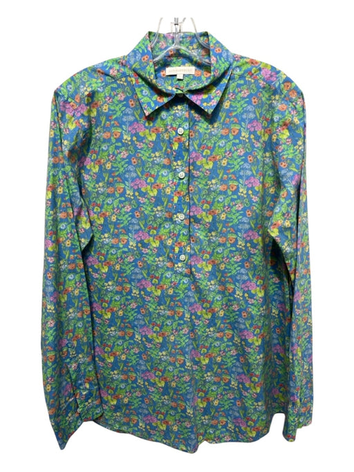 Ann Mashburn Size L Blue & Multi Cotton Long Sleeve Floral Collared Top Blue & Multi / L