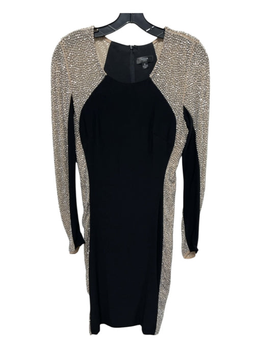 Aqua Size 6 Black & Cream Polyester Blend Beaded Long Sleeve Above knee Dress Black & Cream / 6