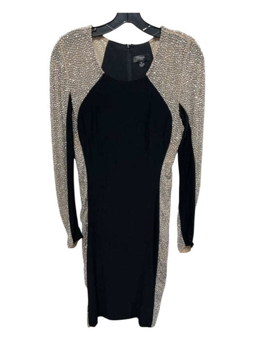Aqua Size 6 Black & Cream Polyester Blend Beaded Long Sleeve Above knee Dress Black & Cream / 6