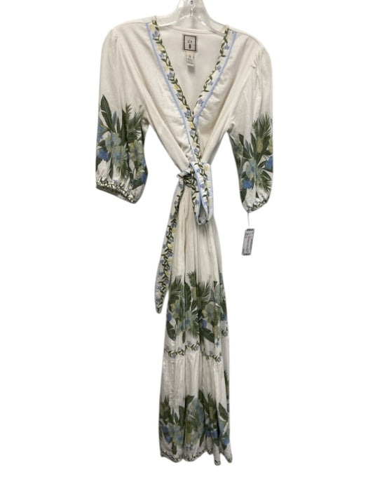 Lea Size S White, Green, Blue Rayon, Cotton, Linen Short Puff Sleeve Midi Dress White, Green, Blue / S