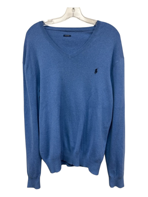 Polo Size Est M Blue Cotton Solid V Neck Men's Sweater Blue / Est M