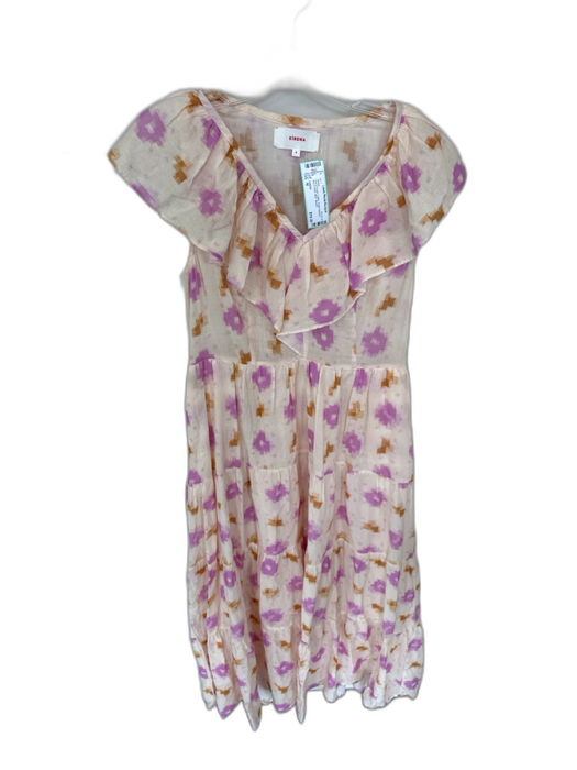 XiRENA Size M Tan & Purple Cotton Flutter Sleeves Ikat V Neck Maxi Dress Tan & Purple / M