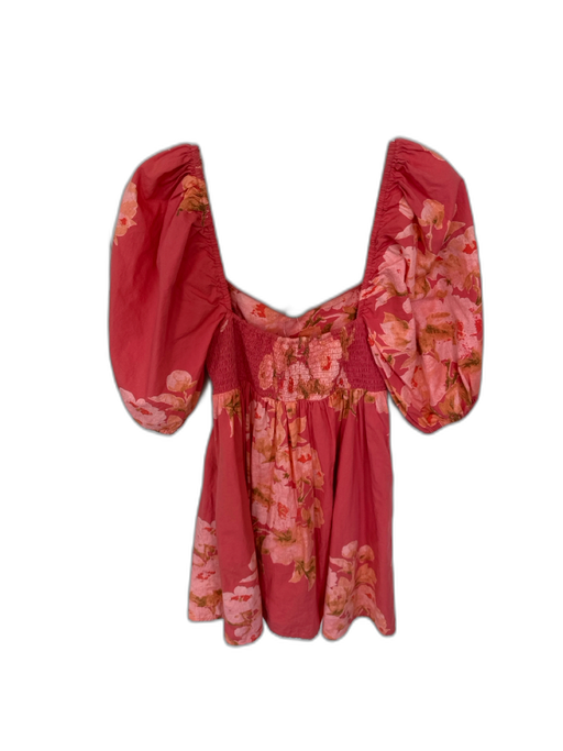 Free People Size XS Coral & Peach Print Cotton Short Balloon Sleeve Dress Coral & Peach Print / XS