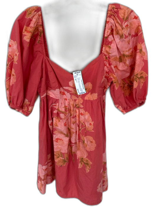 Free People Size XS Coral & Peach Print Cotton Short Balloon Sleeve Dress Coral & Peach Print / XS