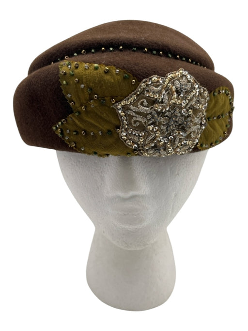 Louise Green Brown & Green Wool Velvet Trim Floral Trim Shimmer Cloche Hat Brown & Green