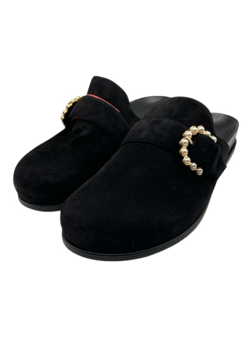 Stuart Weitzman Shoe Size 10 Black Suede Faux Pearl Gold Buckle Round Toe Mules Black / 10