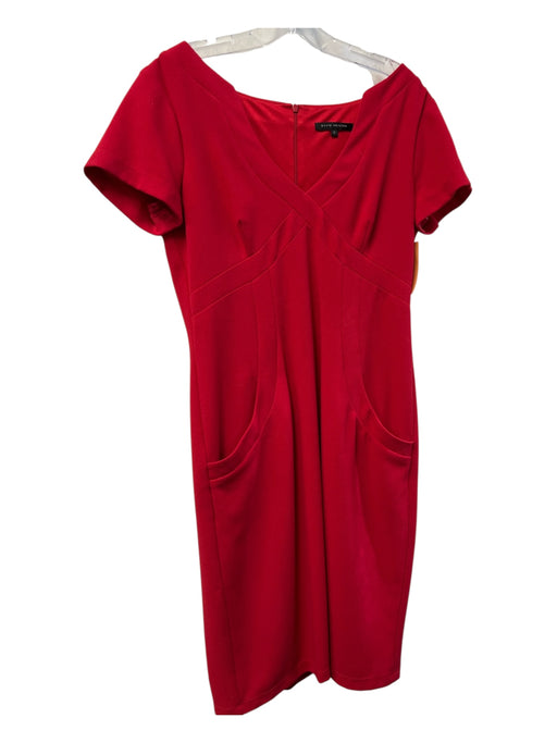 David Meister Size 8 Red Polyester Short Sleeve Round Split Neck Pockets Dress Red / 8