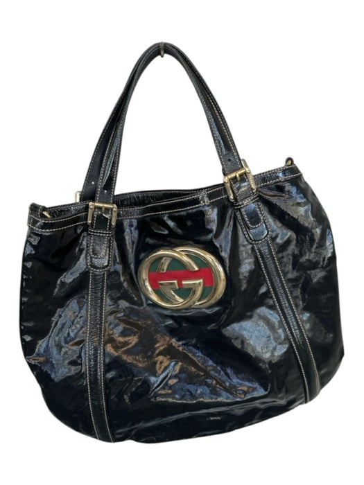 Gucci Black & Gold Patent Leather Top Handles Gucci Web Nylon Lining Buckles Bag Black & Gold / M