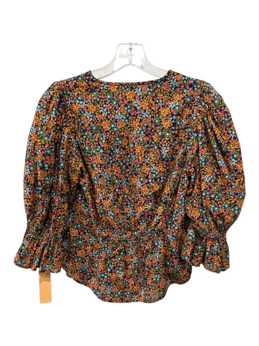 Free People Size XS Blue & Orange Cotton Floral V Neck Puff 1/2 Sleeve Top Blue & Orange / XS