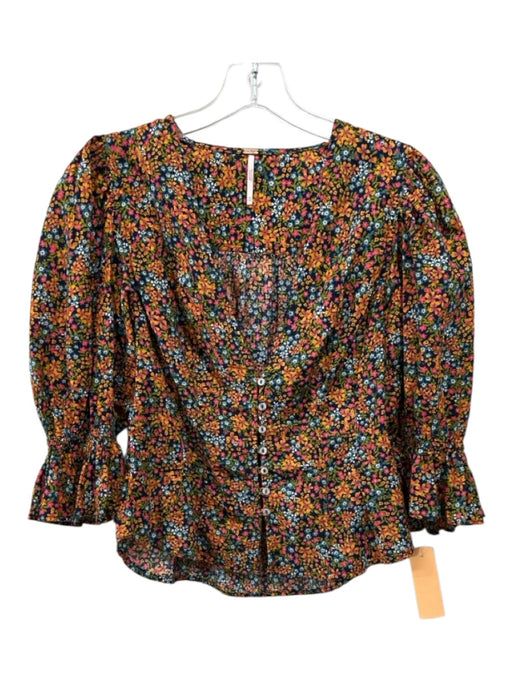 Free People Size XS Blue & Orange Cotton Floral V Neck Puff 1/2 Sleeve Top Blue & Orange / XS