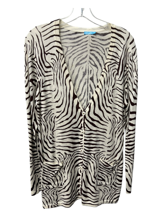 J. McLaughlin Size M Ivory & Brown Cotton V Neck Button Down Long Sleeve Sweater Ivory & Brown / M