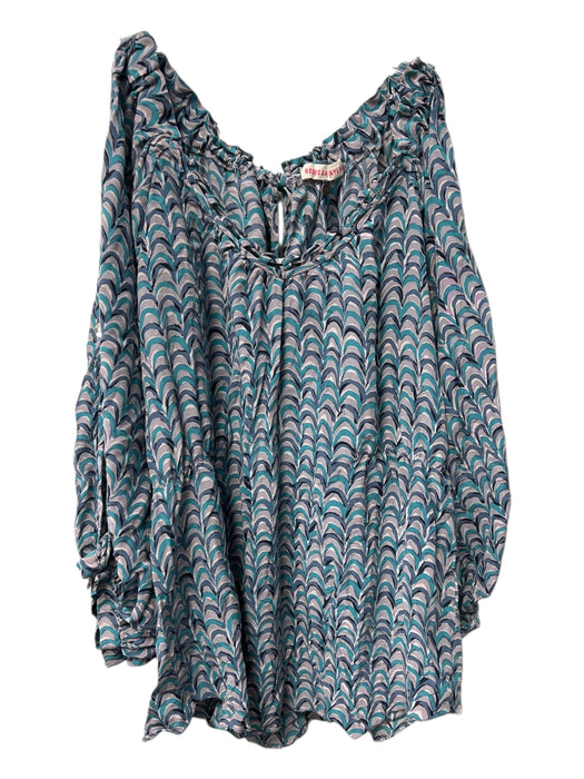 Rebecca Taylor Size 8 Turquoise & Grey Silk Tie Back Open Shoulder Top Turquoise & Grey / 8