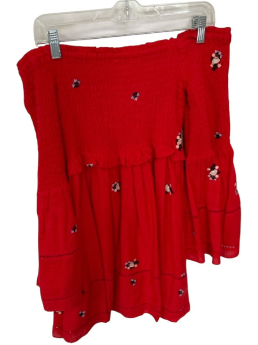 Free People Size XS Red & Black Cotton Blend Off Shoulder Smocked Dress Red & Black / XS