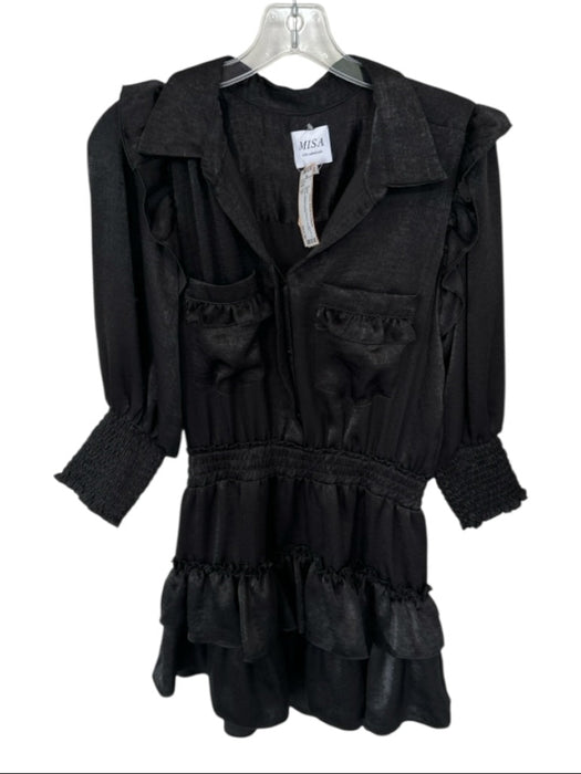 Misa Size S Black Viscose Long Sleeve Ruffles Elastic Waist Dress Black / S