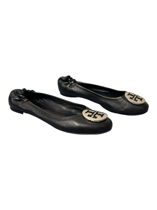 Tory Burch Shoe Size 7.5 Black Leather Silver Hardware Logo Ballet Flat Shoes Black / 7.5