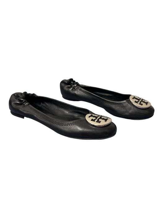 Tory Burch Shoe Size 7.5 Black Leather Silver Hardware Logo Ballet Flat Shoes Black / 7.5