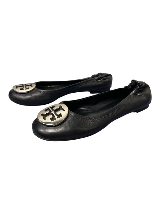Tory Burch Shoe Size 7.5 Black Leather Silver Hardware Logo Ballet Flat Shoes Black / 7.5