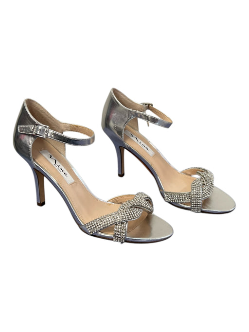 Nina Shoe Size 7.5 Silver Leather Rhinestone Ankle Strap Open Toe Shoes Silver / 7.5