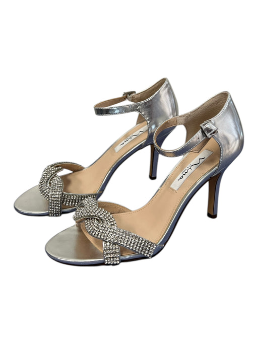 Nina Shoe Size 7.5 Silver Leather Rhinestone Ankle Strap Open Toe Shoes Silver / 7.5