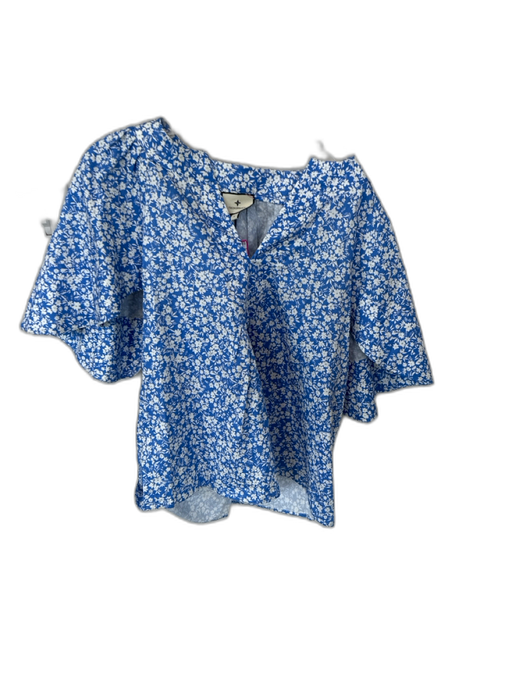 Tuckernuck Size S Blue & White Cotton 3/4 Sleeve Flowers V Neck Top Blue & White / S